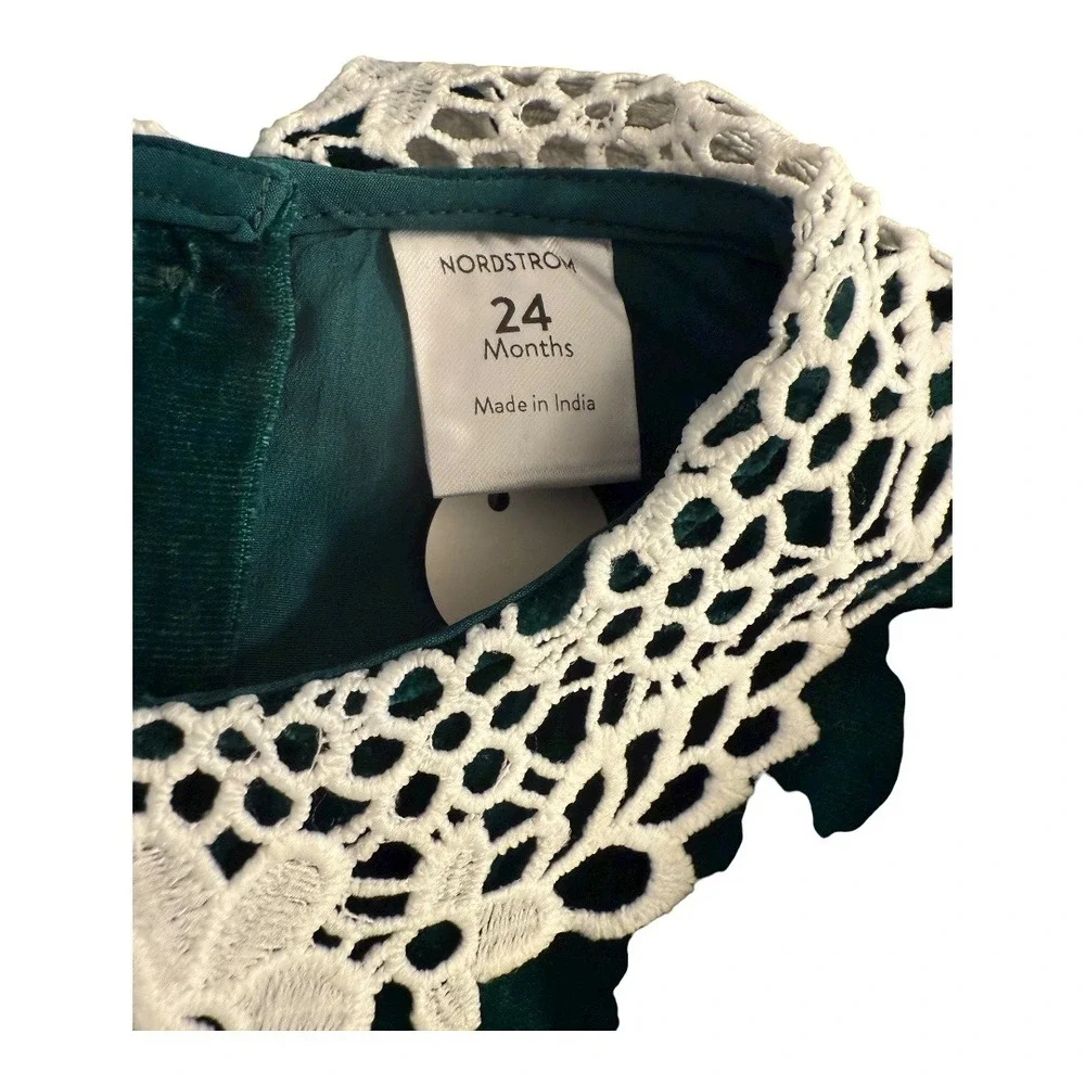 NWT Nordstrom Baby Girl‎ Green Velvet Lace Collar Dress Bloomers Set 24 Months